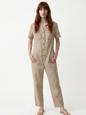 Beige Short-Sleeve Cotton Jumpsuit -Maternity